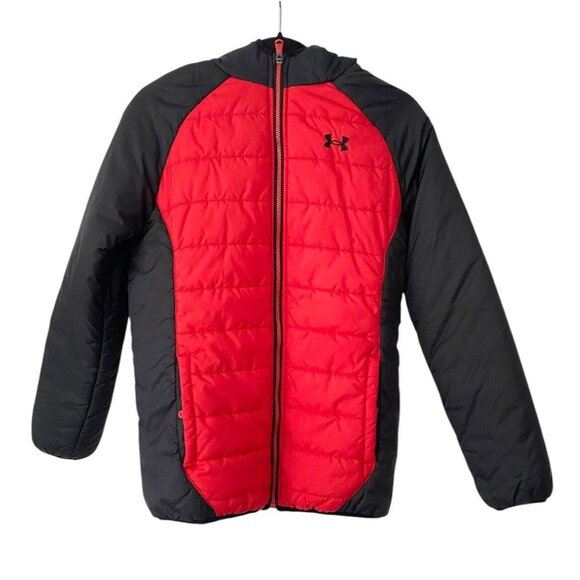 Under Armour Puffer Coat Boys XL Black Red Cold Gear Hooded Quilted Winter